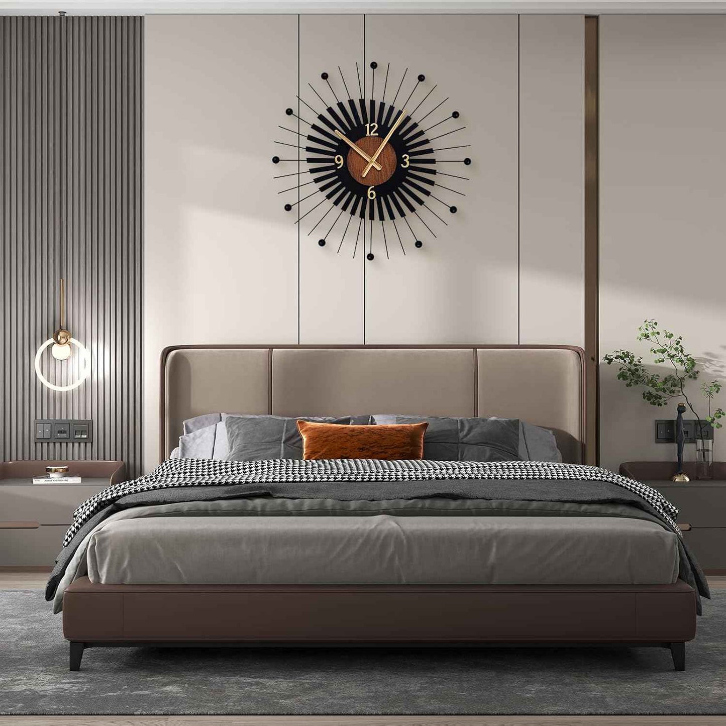 22 Inch Modern Sunburst Wall Clock Battery Operated, Black Metal Radiating Design with Walnut Wood Center, Silent Quartz Movement, Gold Hands – Decorative Clocks for Living Room, Office, Bedroom