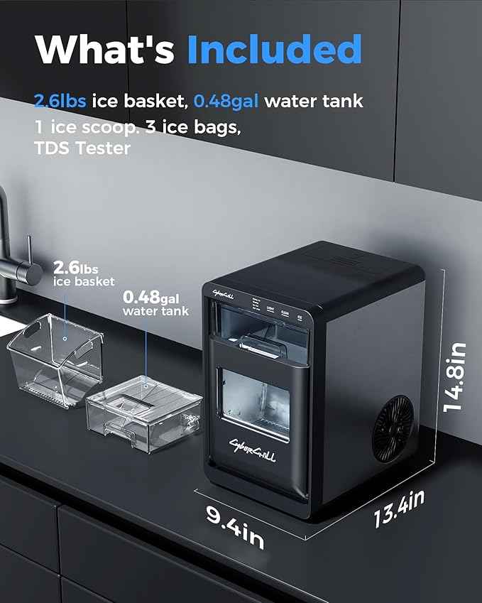 CyberChill Nugget Ice Maker Countertop 44lbs Per Day Pebble Sonic Ice Makers Machine Chewable Pellet Ice with Self-Cleaning Removable Water Tank See Through Window for Home/Kitchen/Office