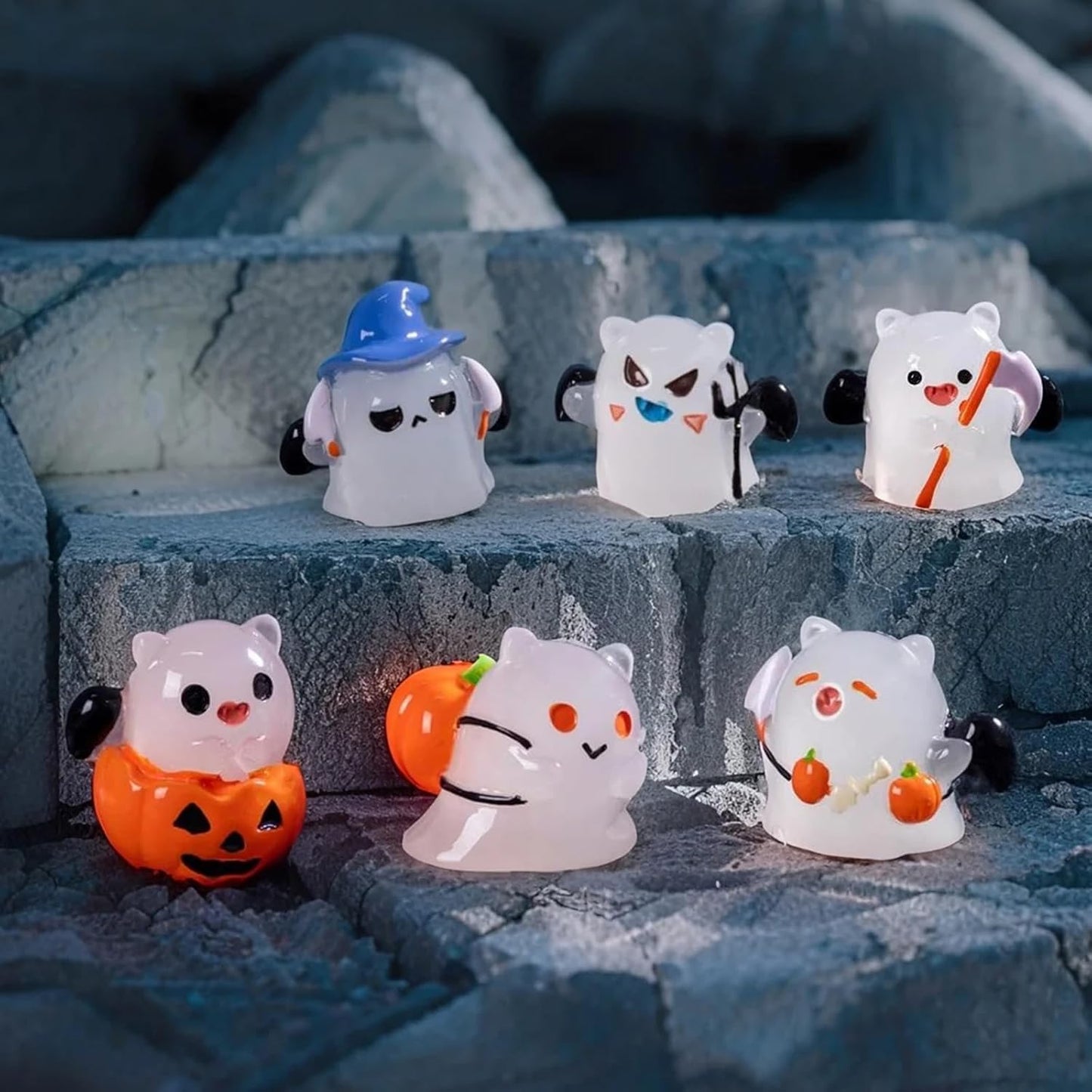 Halloween Ghost Figurine, Spooky Resin Glow in The Dark Statue, Cute Decor for Halloween Decorations Indoor, Funny Porch and Indoor Spooky Home Decor Gifts 6Pcs