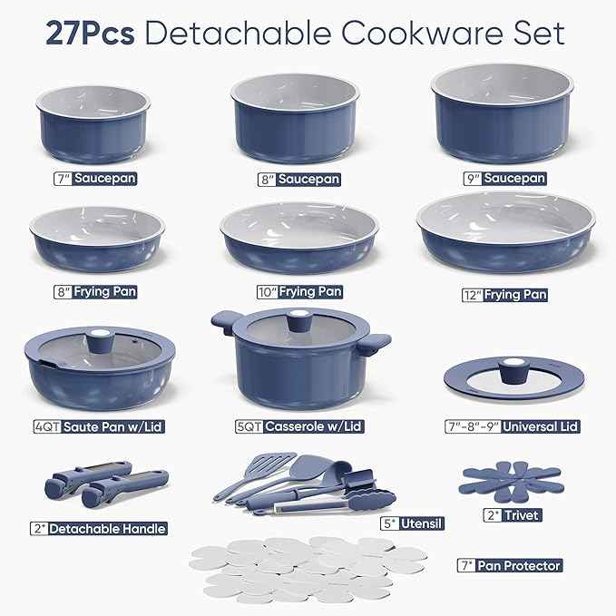 CAROTE 27pcs Ceramic Cookware Set Nonstick, Pots and Pans Set Non Stick, Non Toxic Cookware Detachable Handles, Dishwasher/Oven Safe, RV/Camping Cookware with Kitchen Utensils, Mothers Day Gifts