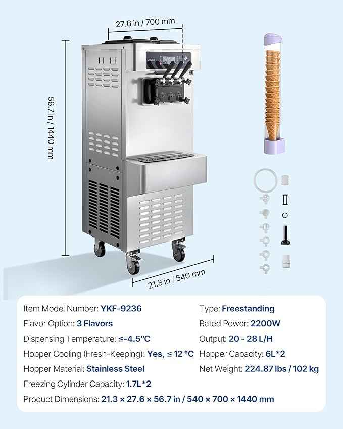 VEVOR Commercial Ice Cream Machine, 20-28L/H Yield 2200W Freestanding Soft Serve Ice Cream Maker with 3-Flavor, 2 x 6L Hoppers, Puffing Pump, Pre-Cooling Low-Mix Alert, Ideal for Snack Dessert Shop