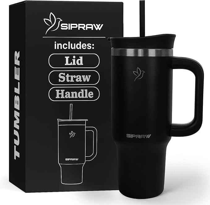30oz Tumbler with Handle and Straw Insulated Stainless Steel Travel Mug Vacuum Double Wall Coffee Cup Leak Resistant Lid BPA-Free Cup Holder Friendly for Hot & Cold Drinks, Black