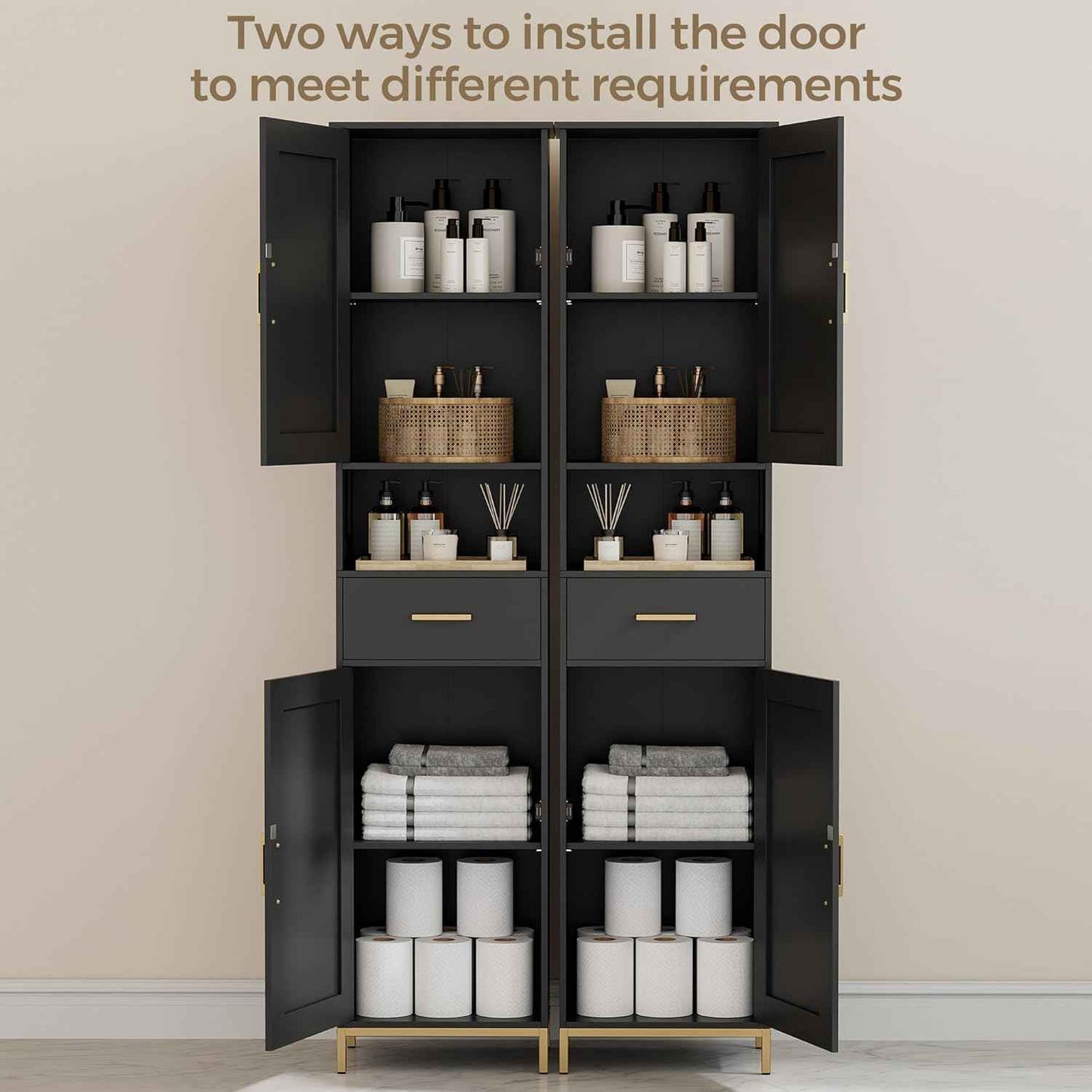 Homhedy 67" H Bathroom Storage Cabinet, Tall Storage Cabinet with Adjustable Shelves, Freestanding Cabinet with Doors and Drawer, Narrow Cabinet for Bathroom, Living Room, Kitchen, Dining Room, Black
