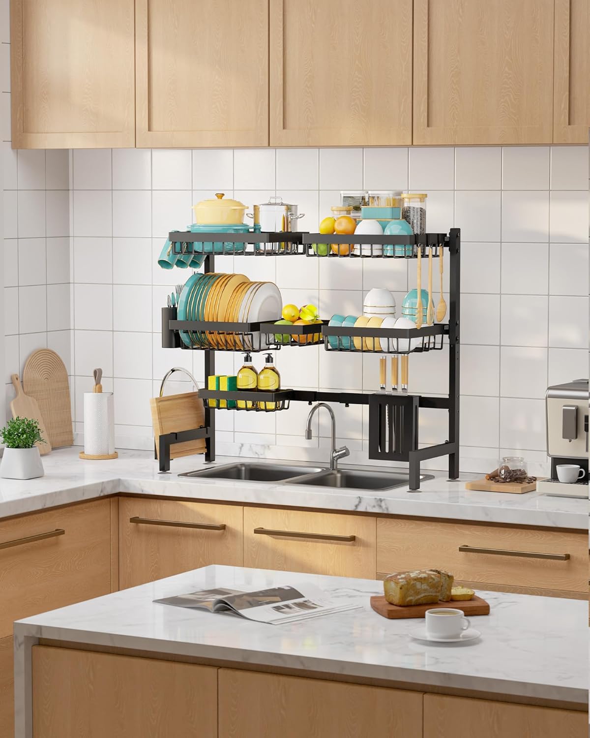 Sakugi Over The Sink Dish Drying Rack - Adjustable 2 Tier Large Capacity Stainless Steel Drainer with Cutlery & Utensil Holders, Kitchen Storage & Organization, 30"-33.9" L x 11" W x 21.5" H, Black