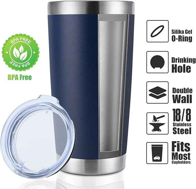DOMICARE 20oz Stainless Steel Tumbler Bulk with Lid, Double Wall Vacuum Insulated Travel Mug, Powder Coated Coffee Cup, Powder Navy, 4 Pack