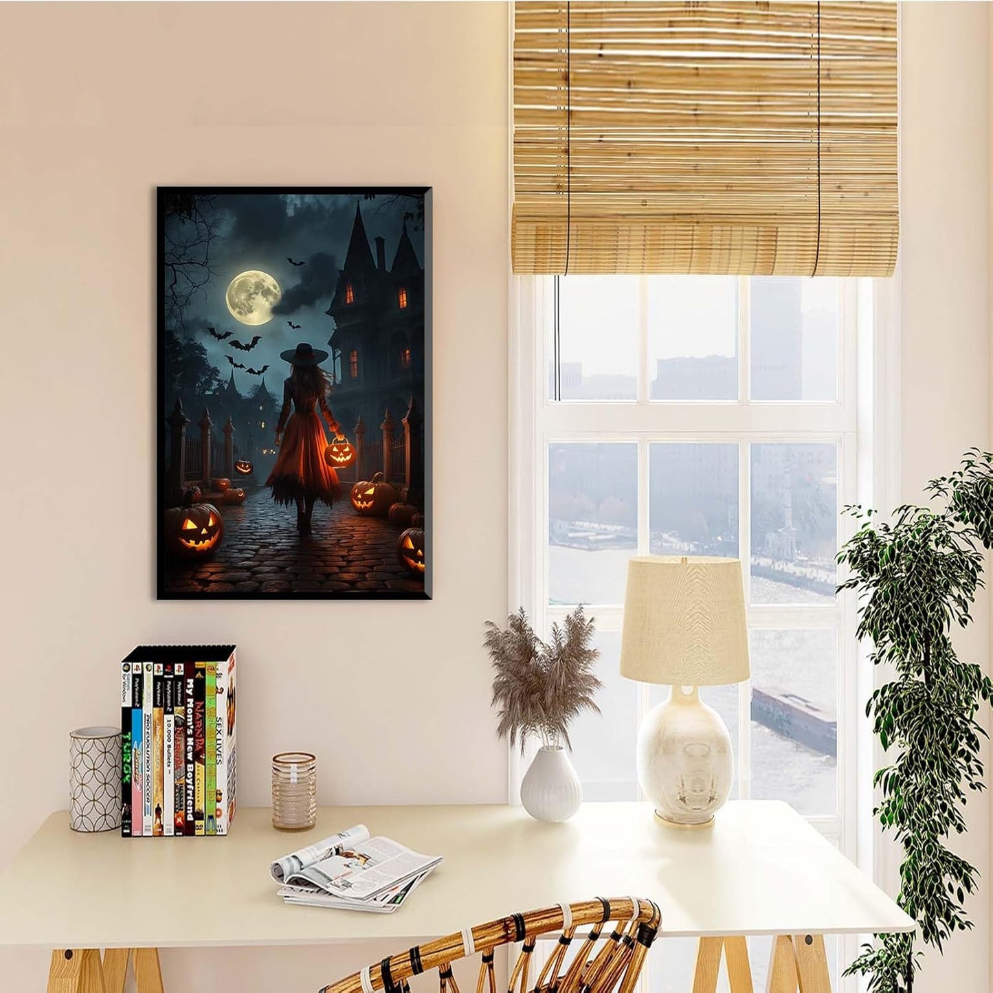 JFHCQJPK Halloween theme poster moonlit autumn night witch vintage poster art print dark college style gothic painting canvas wall decoration bedroom living room ideal gift20x30in Metal blackFramed