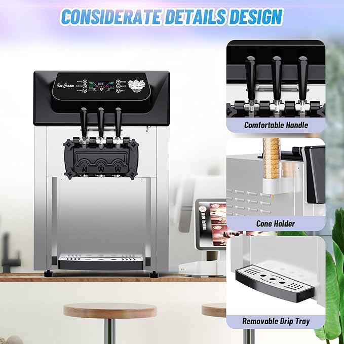 Commercial 1+2 Flavor Countertop Soft Ice Cream Machine, 5.8 to 7.9 Gal per Hour Soft Serve with 7" Touch Panel, 2200W, 115V, Auto Clean, High Productivity, Perfect for Snack Bar