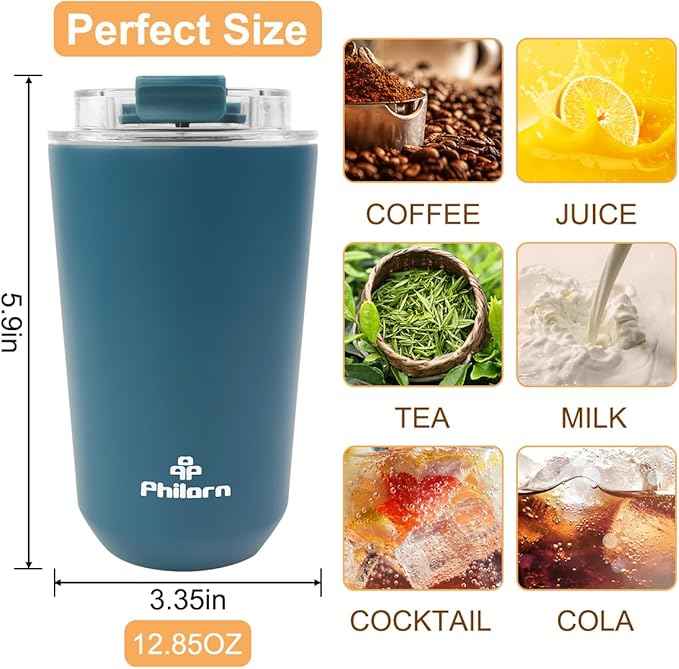 PHILORN Coffee Mug with Lid, 12 OZ Travel Mug, Leak-proof to go Coffee Mug, Stainless Steel Thermal Coffee Mug with Double Wall, Insulated Coffee Tumbler for Men and Women for Hot & Cold Drinks, P922