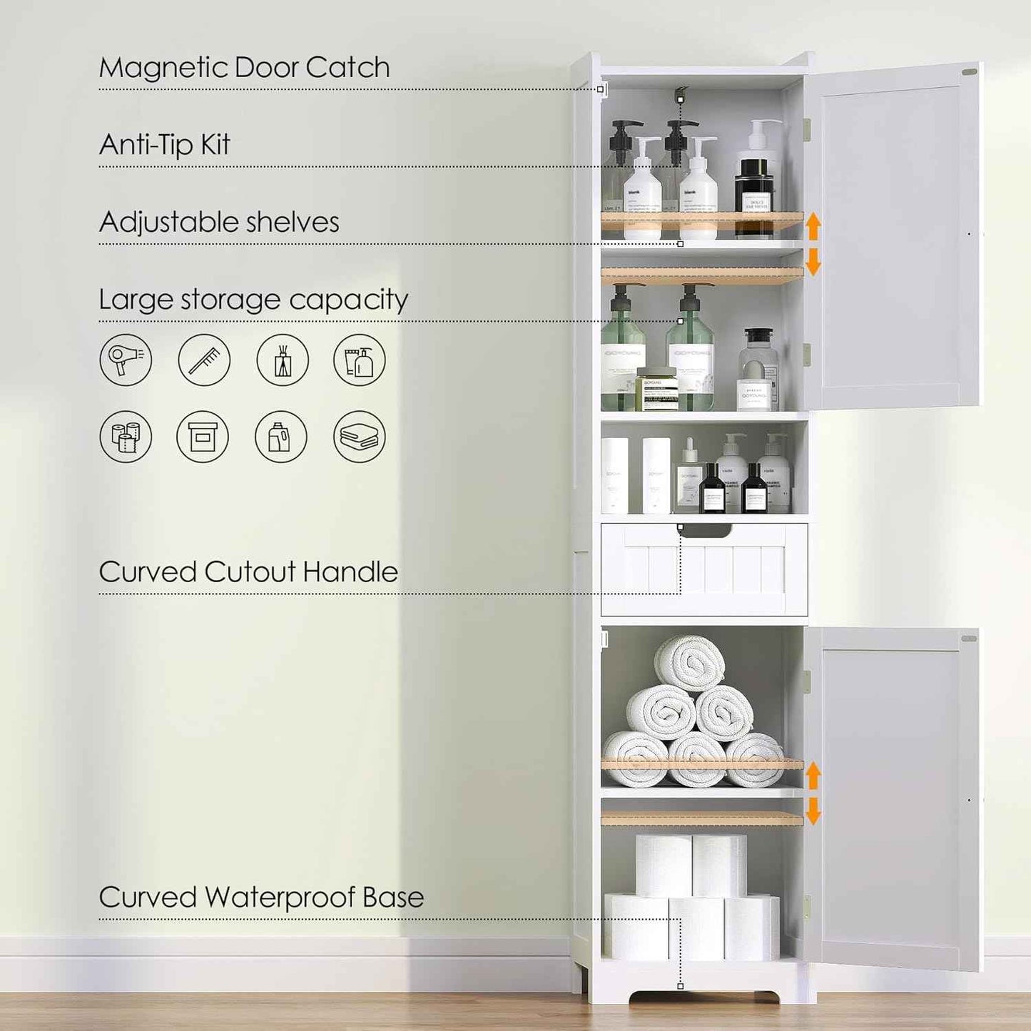 TidyHaven 67" H Tall Bathroom Storage Cabinet, Slim Narrow Organizer with Adjustable Shelves, 2 Doors & 1 Drawer, Freestanding Floor Cabinet for Bathroom, Kitchen, Living Room, (White)