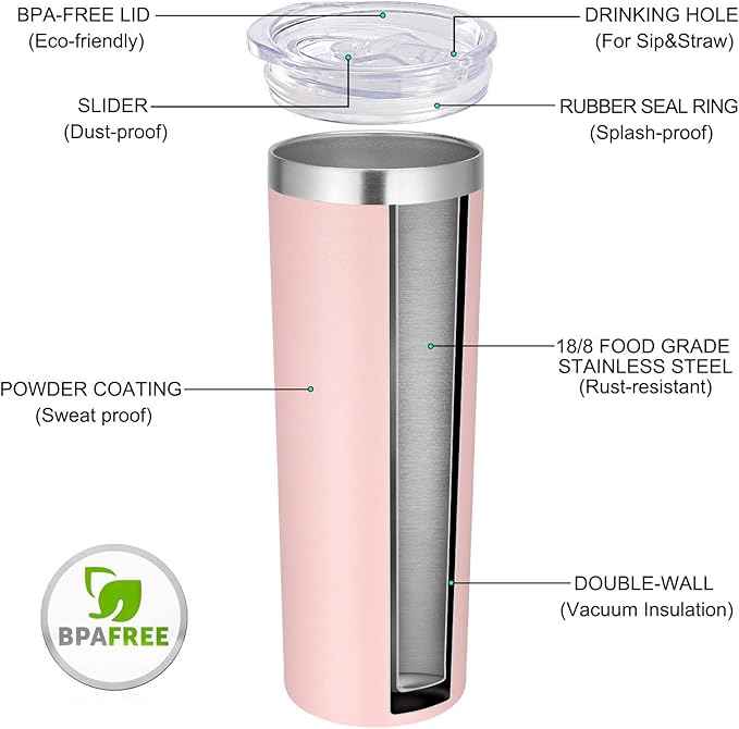 VEGOND Stainless Steel Tumblers Bulk 12 Pack, 20 oz Vacuum Insulated Skinny Tumblers with Lid and Straw, Double Wall Coffee Mug, Travel Water Cup, Light Pink