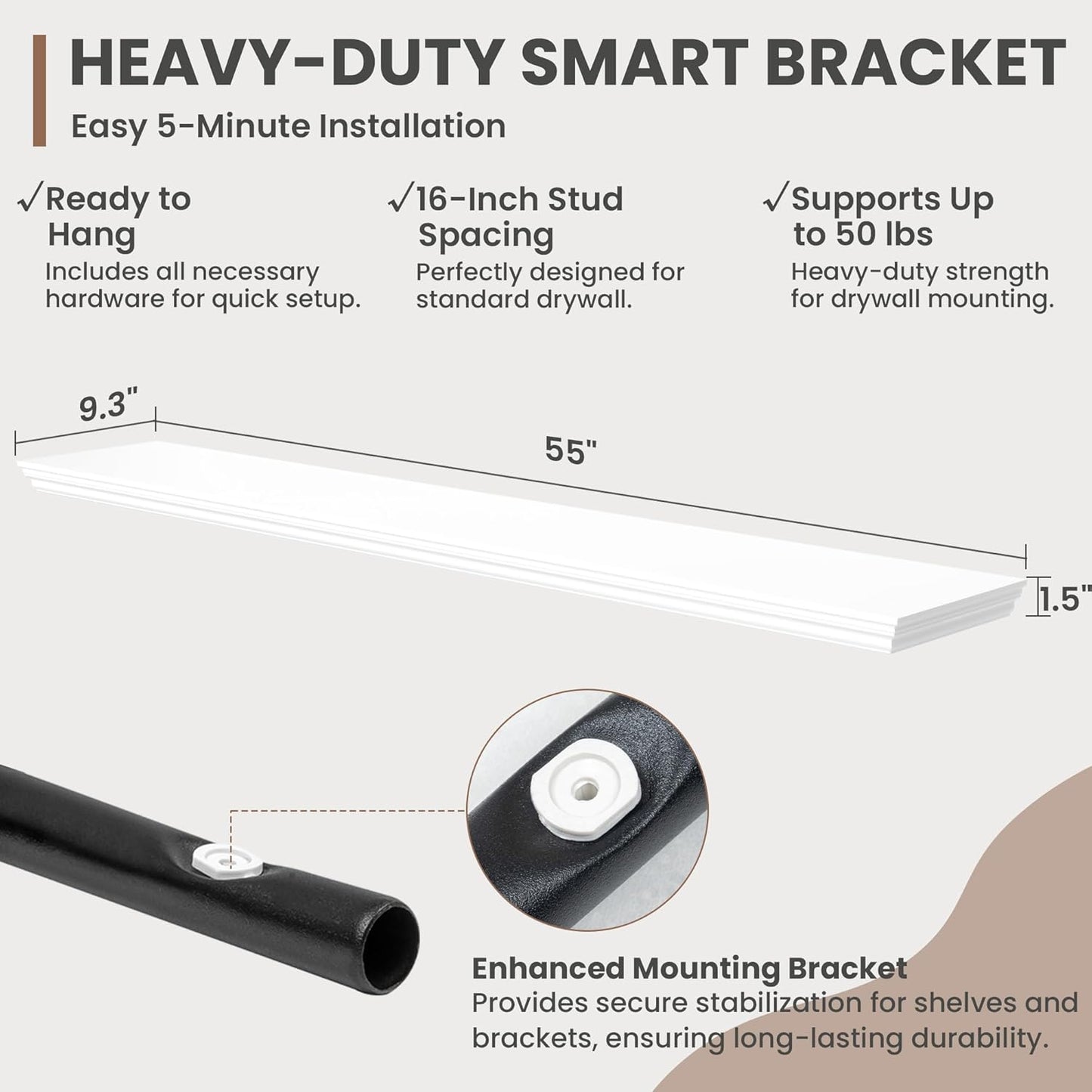 Floating Shelves for Wall, 55 Inch Long Wall Mounted White Hanging Shelf for Kitchen, Living Room, Office, Bedroom, Bathroom, Retro Vintage Wood Bookshelf for House Decor