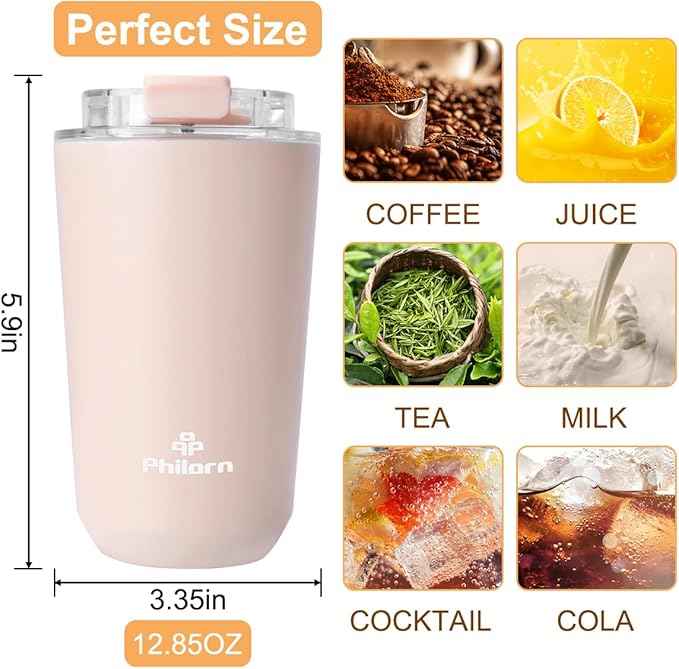 PHILORN Pink Coffee Tumbler - 12 OZ Insulated Coffee Mug With Lid, Leak Proof Thermo Cup for Hot and Iced Drinks, Stainless Steel Vacuum Pink Cup with Double Wall