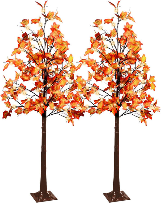 2 Pack 6FT 240LED Fall Lighted Maple Orange Tree Lights Thanksgiving Decoration Artificial Tree Lights USB Powered DIY Table Light for Desktop Autumn Harvest Party Indoor Ourdoor Decor