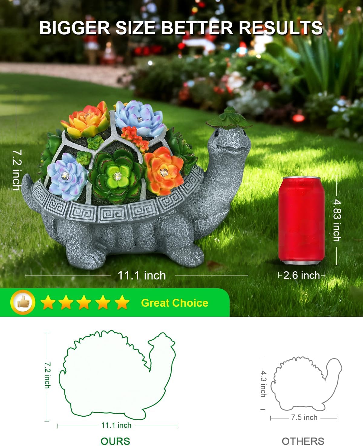11.1 Inch Large Solar Garden Decor Turtle Statues Lights, Outdoor Figurine Decorations Ornament Lamps for Outside Yard, Lawn, Patio, Porch, Balcony, Unique Birthday Gifts for Mom women Grandma(Gray)