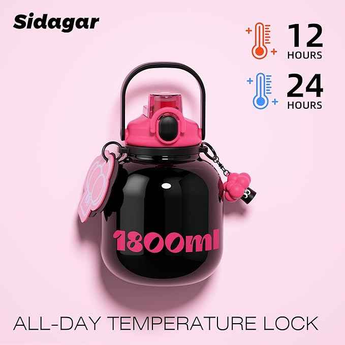 60 oz Big Gallon Water Bottle with Straw and Carry Handle, Black Wide Mouth Vacuum Water Jug, Insulated Stainless Steel Bottles; Heavy-Duty Aesthetic Yoga Flask for Women, Sweet & Cool Black