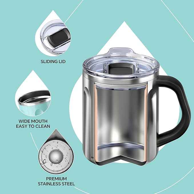 Ideus 16 oz Coffee Cup, Stainless Steel Coffee Travel Mug, Spill Proof Tea Mug with Handle and Lid, Lightweight and Durable, Great for Office Home and Outdoor Use, Sky Blue-FUJI FLOW