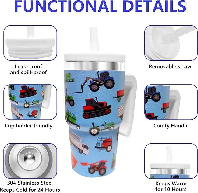 20-OZ Insulated Water Bottle,Insulated Stainless Steel Tumbler,Reusable Cold Drink Thermos,BPA-Free, Double-Wall Stainless Steel Water Bottle (Blue-Farm Vehicle, 20, Fluid Ounces)