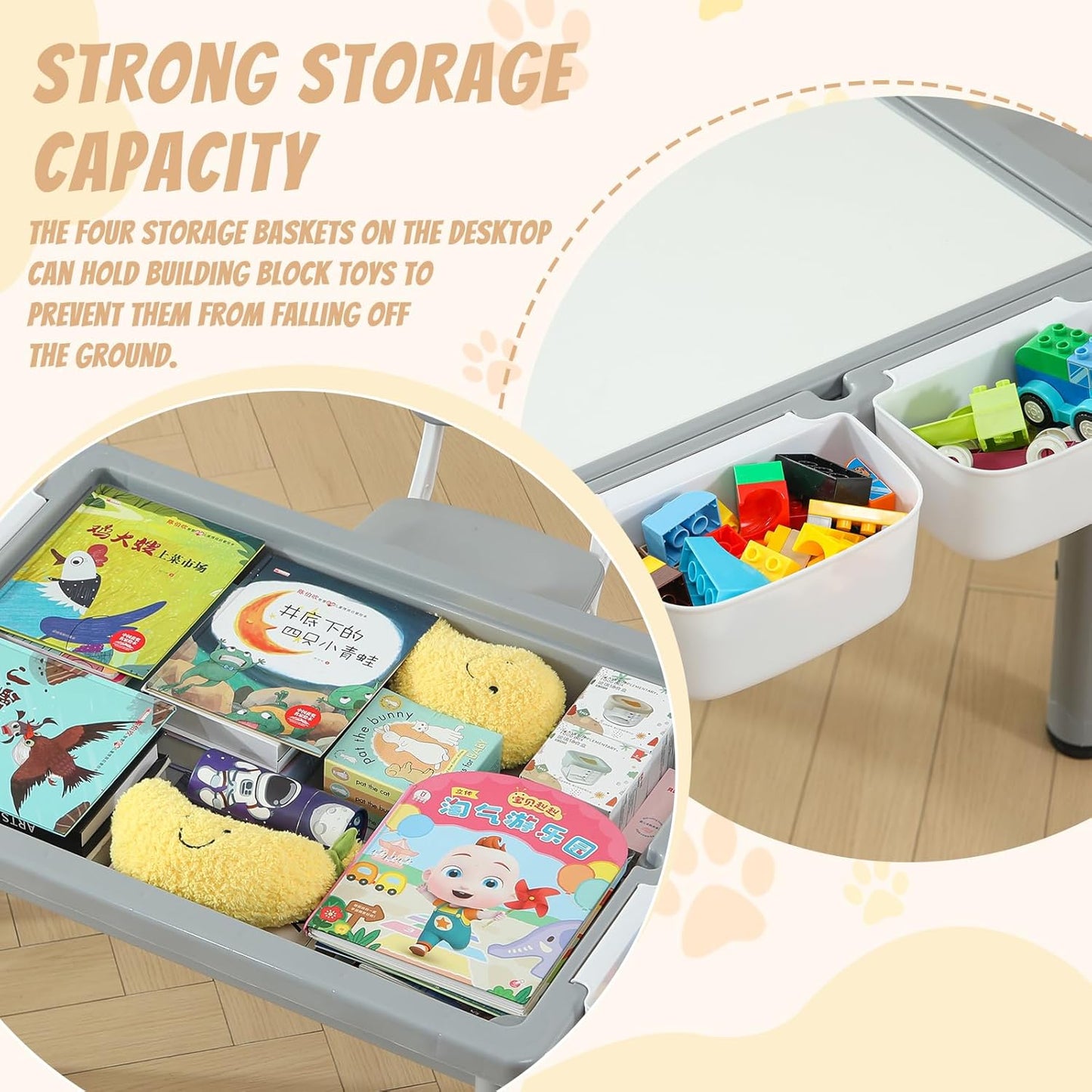 Multi Functional Kids Table and 2 Chairs Set, Graffiti & Building Blocks Double-Sided Tabletop, Toddler Play Table with Drawers, Large Storage Space, Gift for Boys/Girls, Gray