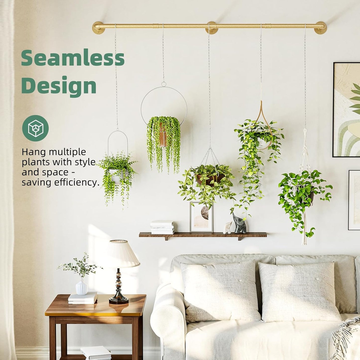 Plant Hanger Indoor Hanging Planters for Indoor Plants Hanging Plant Holder Window Plant Rod Gold Metal Shelves 63 Inch (Pot/Chains not Included