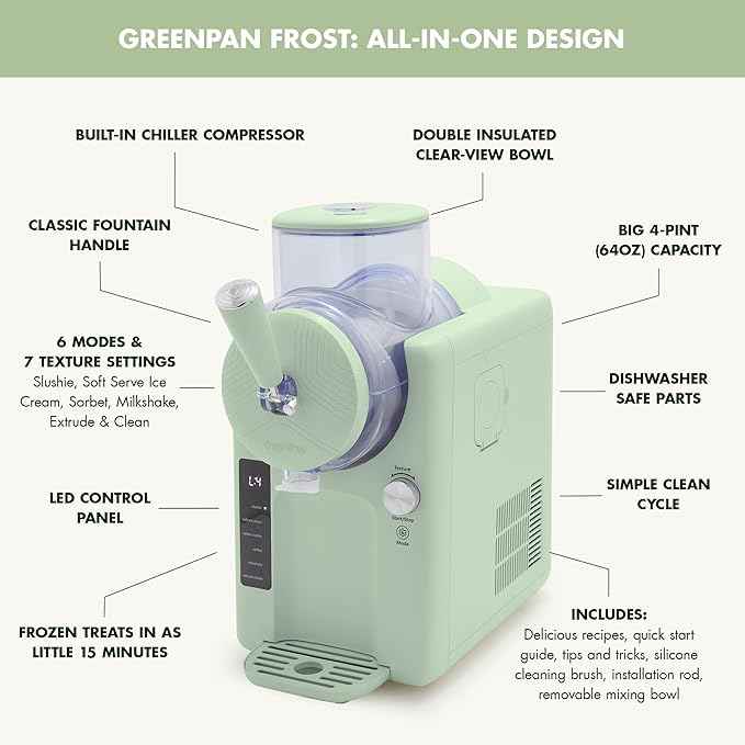 GreenPan Frost Ice Cream Maker & Slushie Machine, Soft Serve, Sorbet, Margaritas, Milkshakes, Frozen Yogurt, No Pre-Freezing, Ready in 15 Mins, 6 Modes, 7 Textures, Self-Cleaning, Family Size, Green