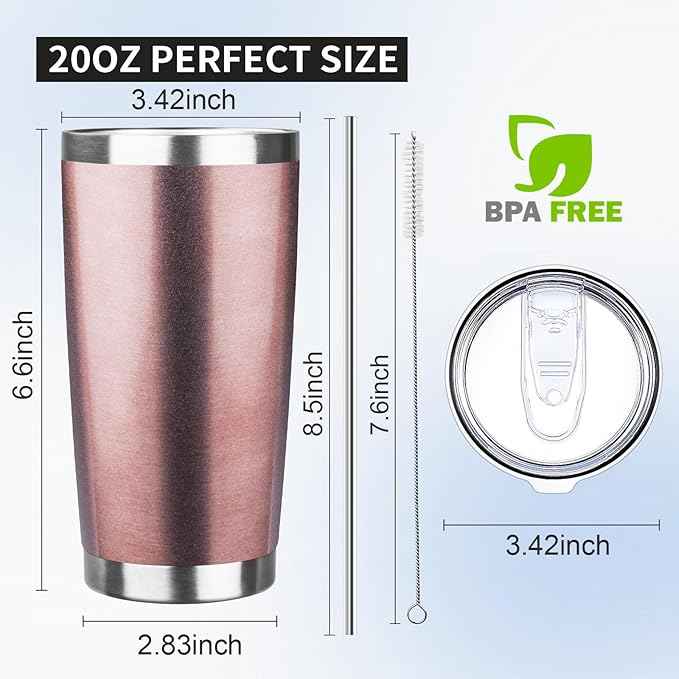 20oz Tumbler with Lid and Straw Double Wall Powder Coated Vacuum Insulated Coffee Tumbler Stainless Steel Insulated Travel Coffee Mug Spill-Proof Thermal Cup for Hot and Cold Beverage,Rose Gold