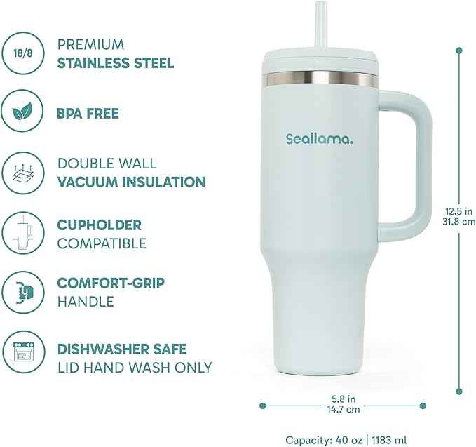 Seallama. Tumbler with Handle and Straw 40 oz | Cup Holder Compatible for Travel | Insulated Stainless Steel Cup | BPA-Free | (Ocean Gelato)