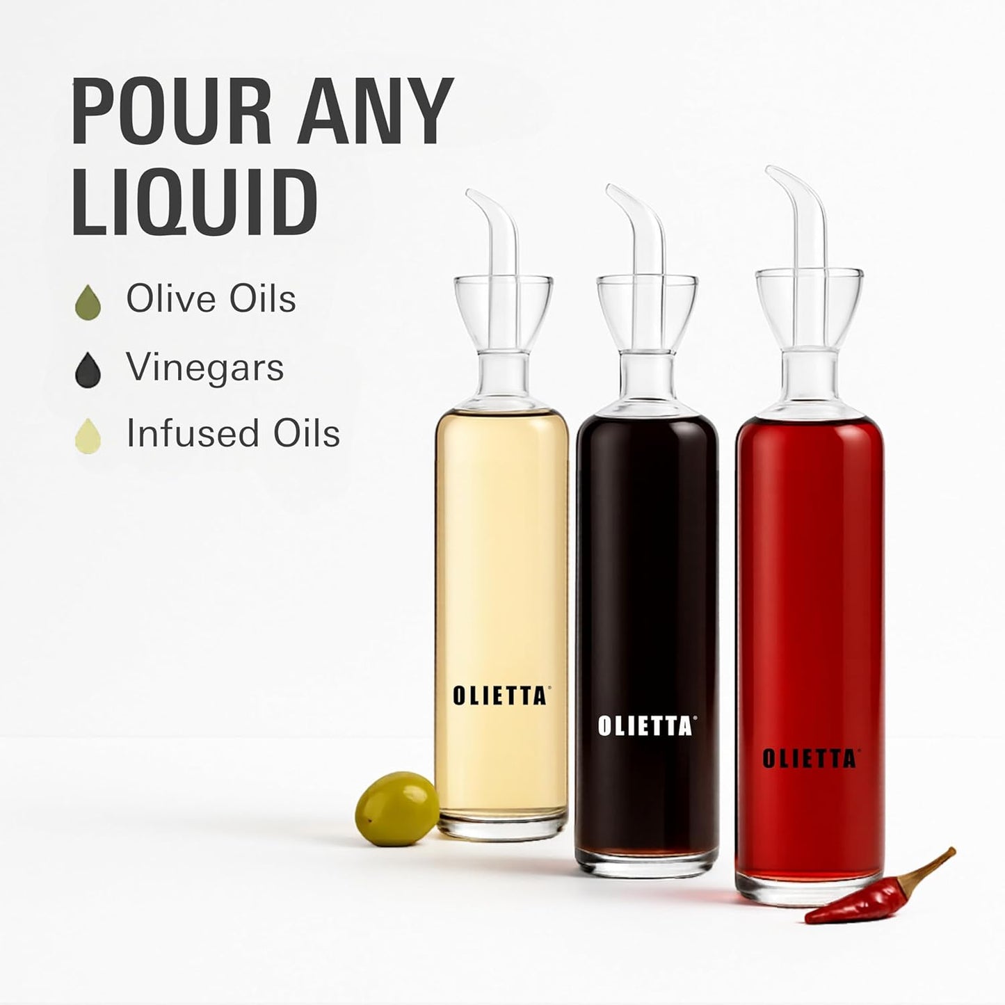 Olietta Olive Oil Dispenser Bottle Borosilicate Glass - Non Drip Oil Dispenser for Kitchen, Leak Proof Vinegar Drizzler Cruet, Easy Clean, 17 Ounces, Modern