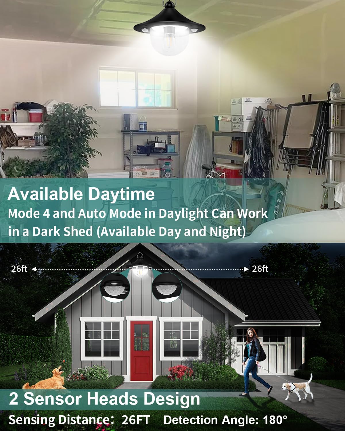 Solar Shed Light Outdoor Indoor 3000LM Solar Lights Daytime Available with Remote Control, Double Motion Sensor & 5 Lighting Modes, Solar Indoor Lights for Gazebo, Shed, Garage, Barn 2Pack