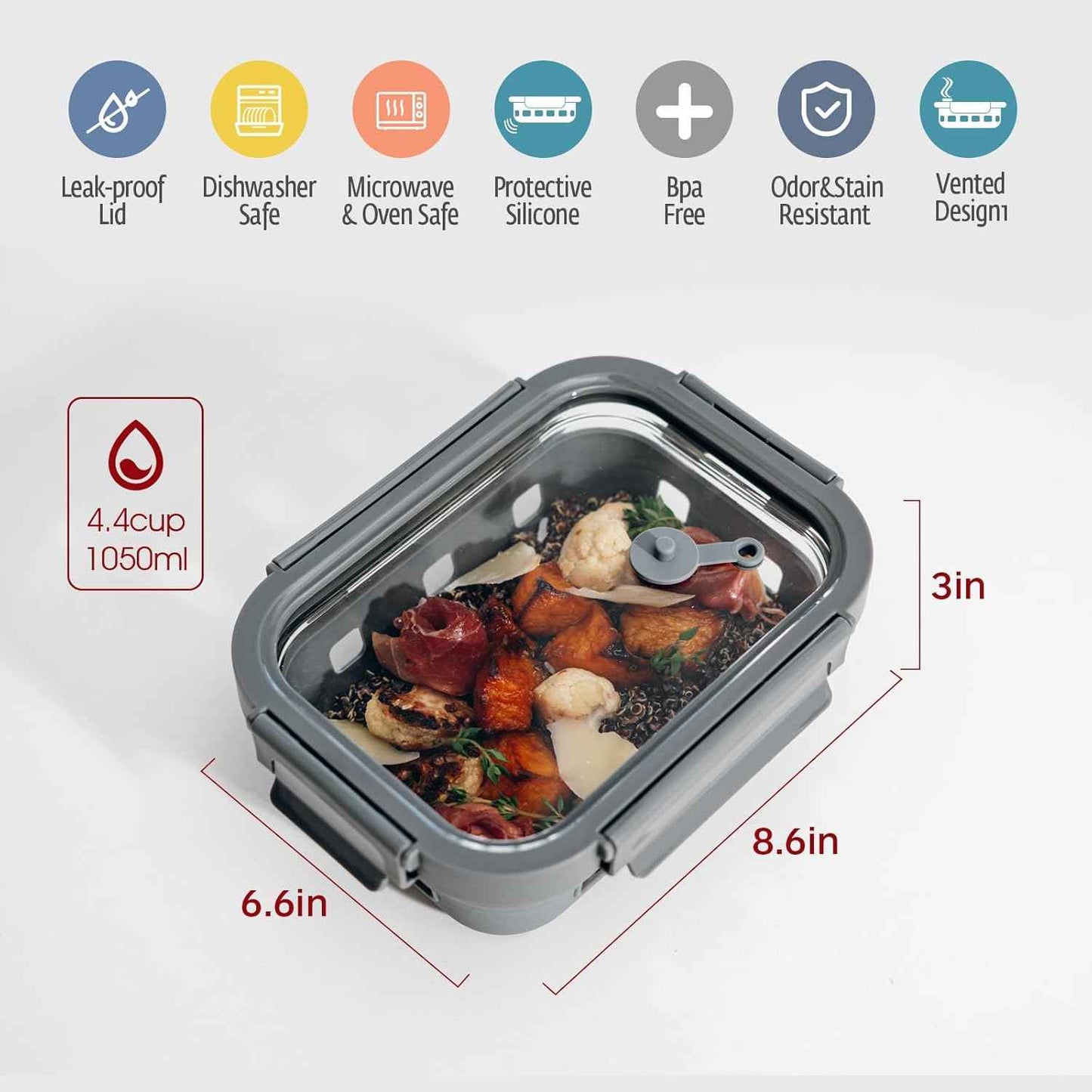 GENICOOK Glass Meal Prep Containers 5-Pack With Glass Lids & Steam Vent, 35 Oz / 4.4 Cups Leakproof Airtight Food Storage Containers, Borosilicate Glass, Microwave And Dishwasher Safe, Bpa-Free