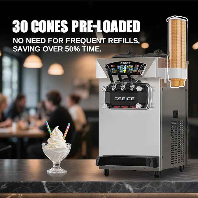 Commercial Ice Cream Maker, 6.8-8.4 Gal/H, 2 * 8L Hopper 110V Countertop Soft Serve Ice Cream Machine, 3 Flavors Puffing Alarm Pre-Cooling For Shops Cafes Dessert Stores, Auto Clean & Touch Screen