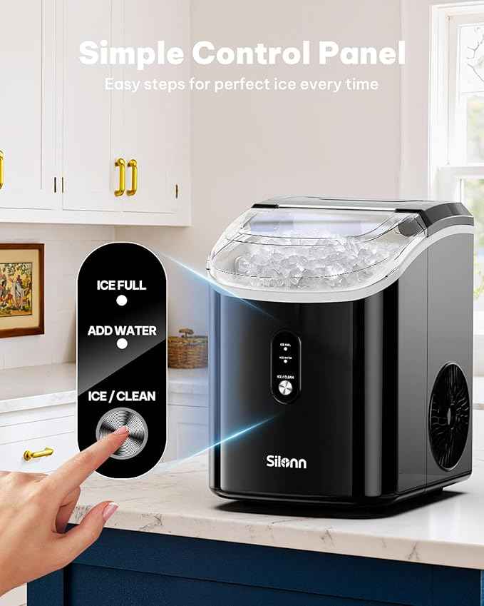 Silonn Nugget Ice Makers Countertop, 38lbs/24H Chewable Pellet Ice Machine with Self Cleaning Function, Portable Pebble Ice Maker with Ice Scoop for Home Kitchen Office, Black