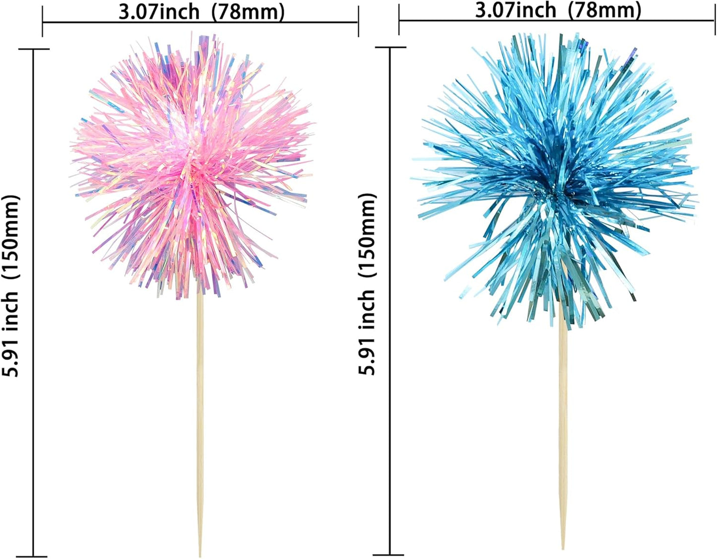 Ephlyn 30Pcs Foil Firework Cupcake Toppers Sparkle Tinsel Cupcake Picks Happy Birthday Cake Decorations Drink Stirrers Cocktail Food Toothpicks for Baby Shower Graduation Party Supplies Blue Pink