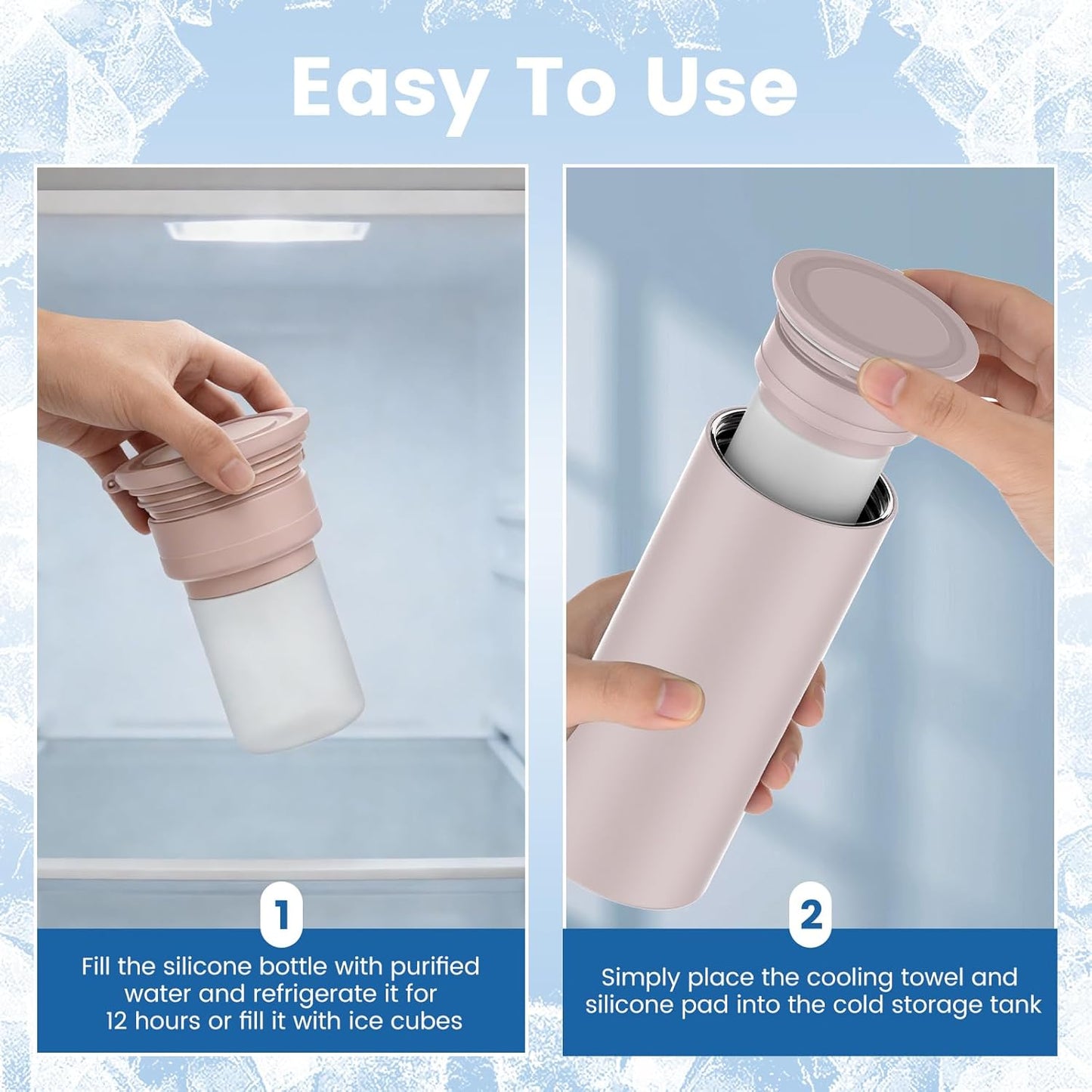 COOLING STATION 3-in-1 Portable Kit: Insulated Stainless Steel Bottle with Reusable Ice Bag & Cooling Towel. Long-Lasting Cold Relief for Daily Commute, Gym, Sports & Outdoor Travel. (pink)