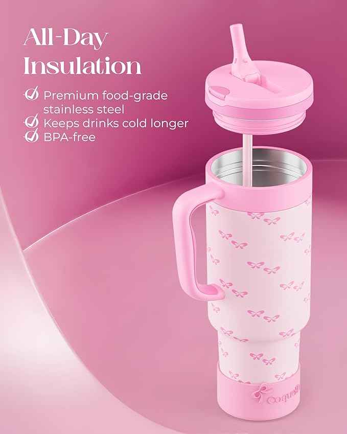 40 oz Insulated Tumbler with Handle and Push-Button Straw Lid, Stainless Steel Travel Cup for Gym Office Leakproof, BPA-Free, Cup Holder Friendly, Bow Silicone Boot, Pink (Coquette Bubblegum)