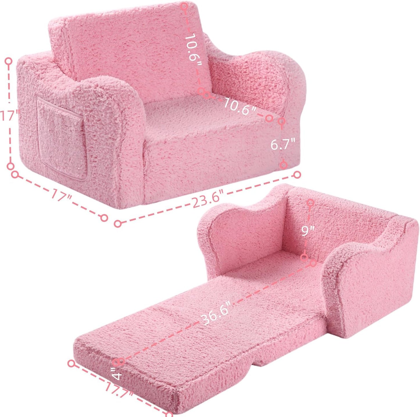 Kids Chairs for Toddler, 2-in-1 Toddler Soft Sherpa Couch Fold Out, Convertible Sofa to Lounger for Girls and Boys, Pink