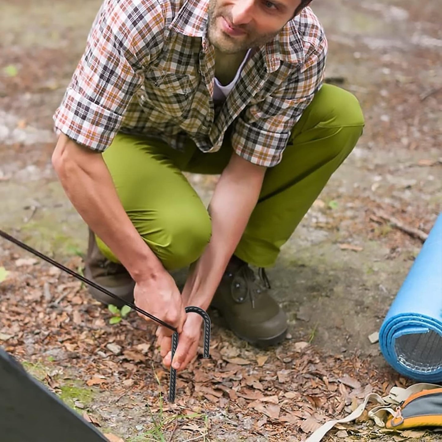 AAGUT 24” Rebar Ground Stakes (10pcs) Heavy Duty 1/2" J Hook Fence Anchors Curved Steel Garden Stake Yard Spikes with Sharp End for Camping Tent,Black Powder Coated