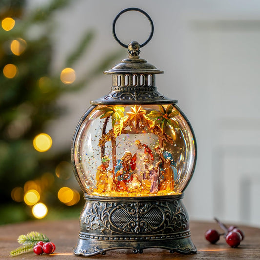 Christmas Snow Globes Lantern Christmas Snow Globe with Music Holy Family Nativity Scene,6H Timer,USB Lined/Battery Operated Lighted Lantern for Christmas Festival Decoration Gifts