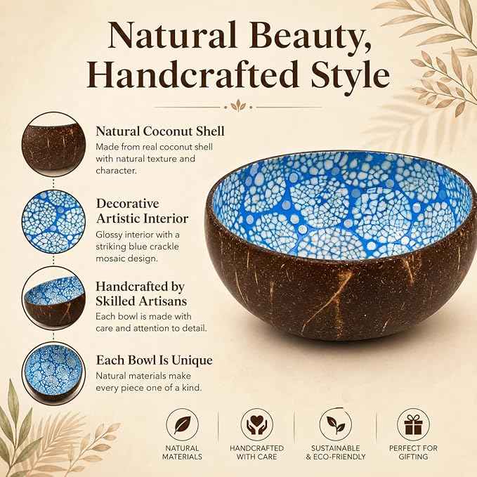 ChezMax Natural Coconut Bowl with Mother of Pearl Inlaid Shell - Handcrafted Home Decoration, Entryway Table Key Bowl or Candy Container, Fruit and Nuts Holder (Blue)