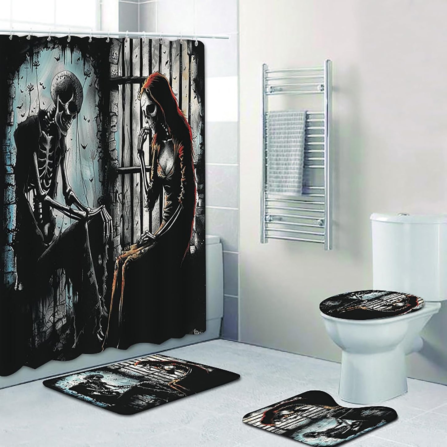 NEWSUYAA Halloween Decorations Shower Curtain Set with Non-Slip Rugs and Bath Mats,Black Skull Skeleton Bathtub Curtains with 12 Hooks,All Saints'Day (Nov 1st) Bathroom Decor
