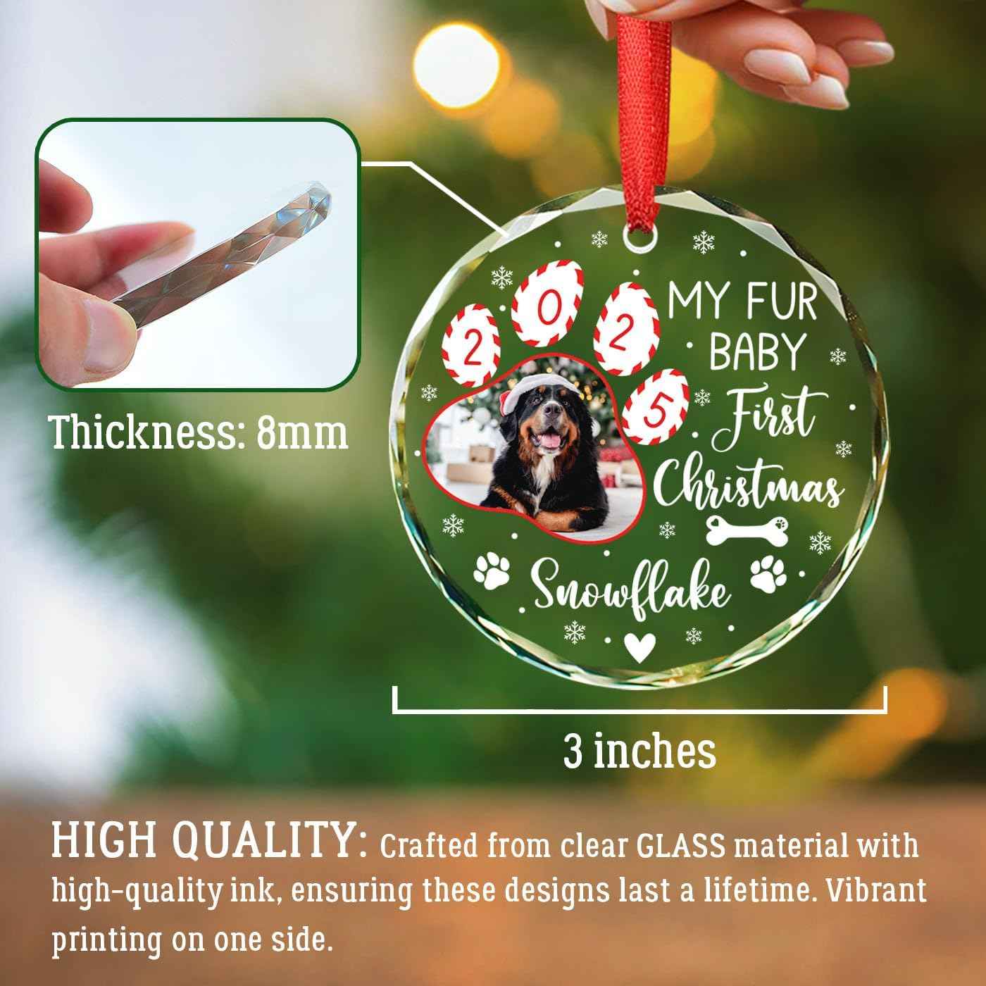 2026 My Fur Baby's First Christmas Photo Ornament, Personalized Add Picture Puppy's 1St Xmas Glass Ornament Gifts for Dog Mom Dad Family, Custom Name/Photo Dog Cat Pawprint 1St Christmas Ornaments