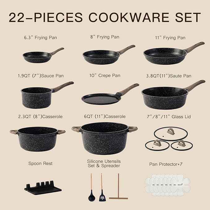 Pots and Pans Set Nonstick 22 Pcs, Ceramic cookware set Non-Toxic Coating Inky Granite Kitchen Cookware Set, Induction Kitchen Cooking Set w/Frying Pans, Saucepans & Glass Lids, PFOS & PFOA Free