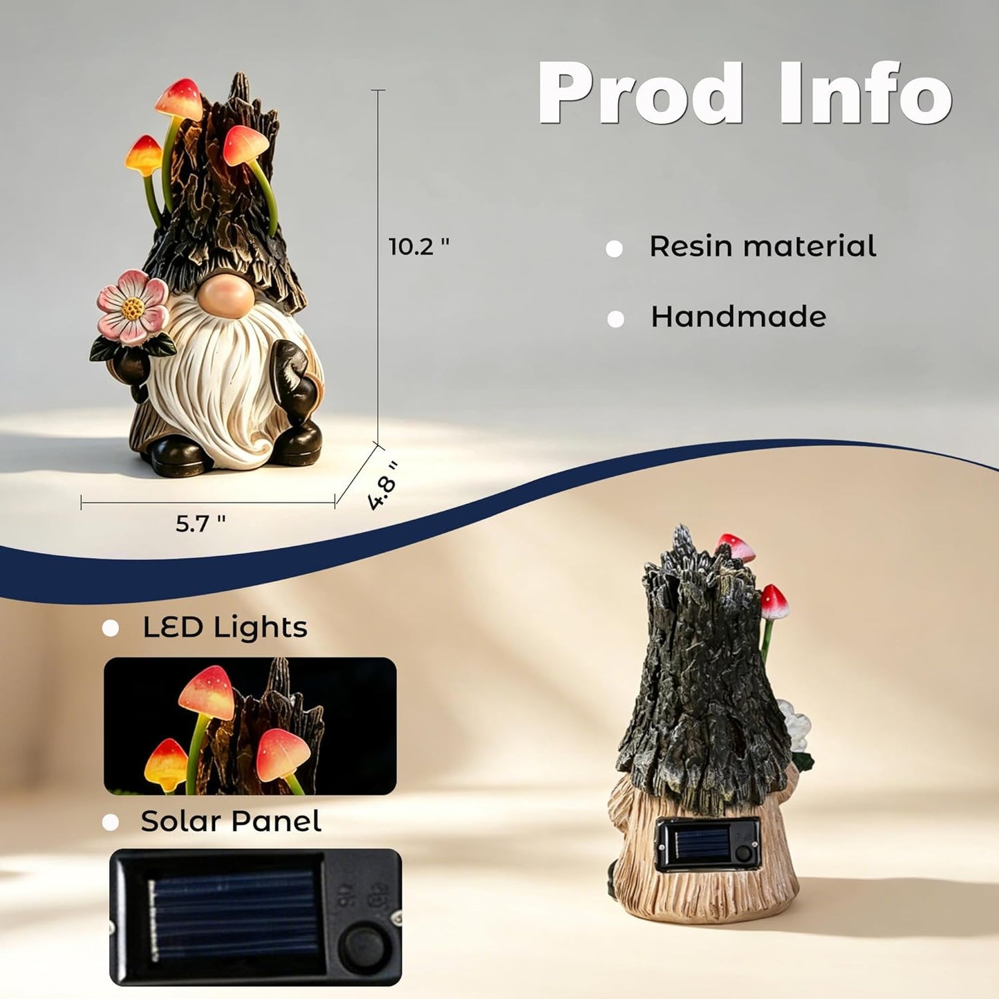 Gnome Garden Decor Statue, Solar Powered Gnome with Mushroom Light, Outdoor Yard Patio Decoration, Gift for Mom & Women