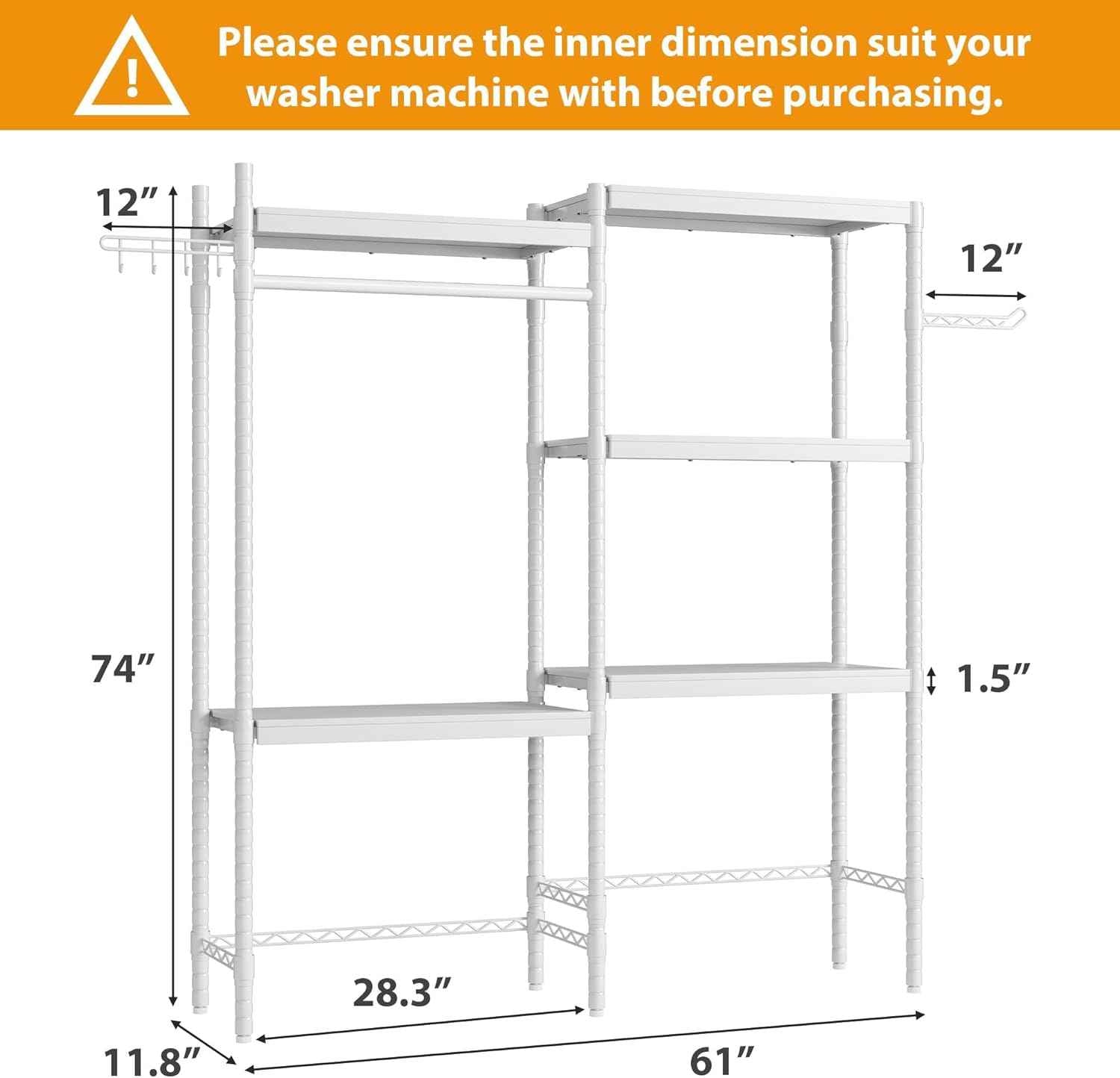 Heavy Duty 5-Tier Over-The-Washer Laundry Storage Shelf – Adjustable Height Organizer with Double-Layer Wood Shelves, 28" Space-Saving Rack for Laundry Room, White
