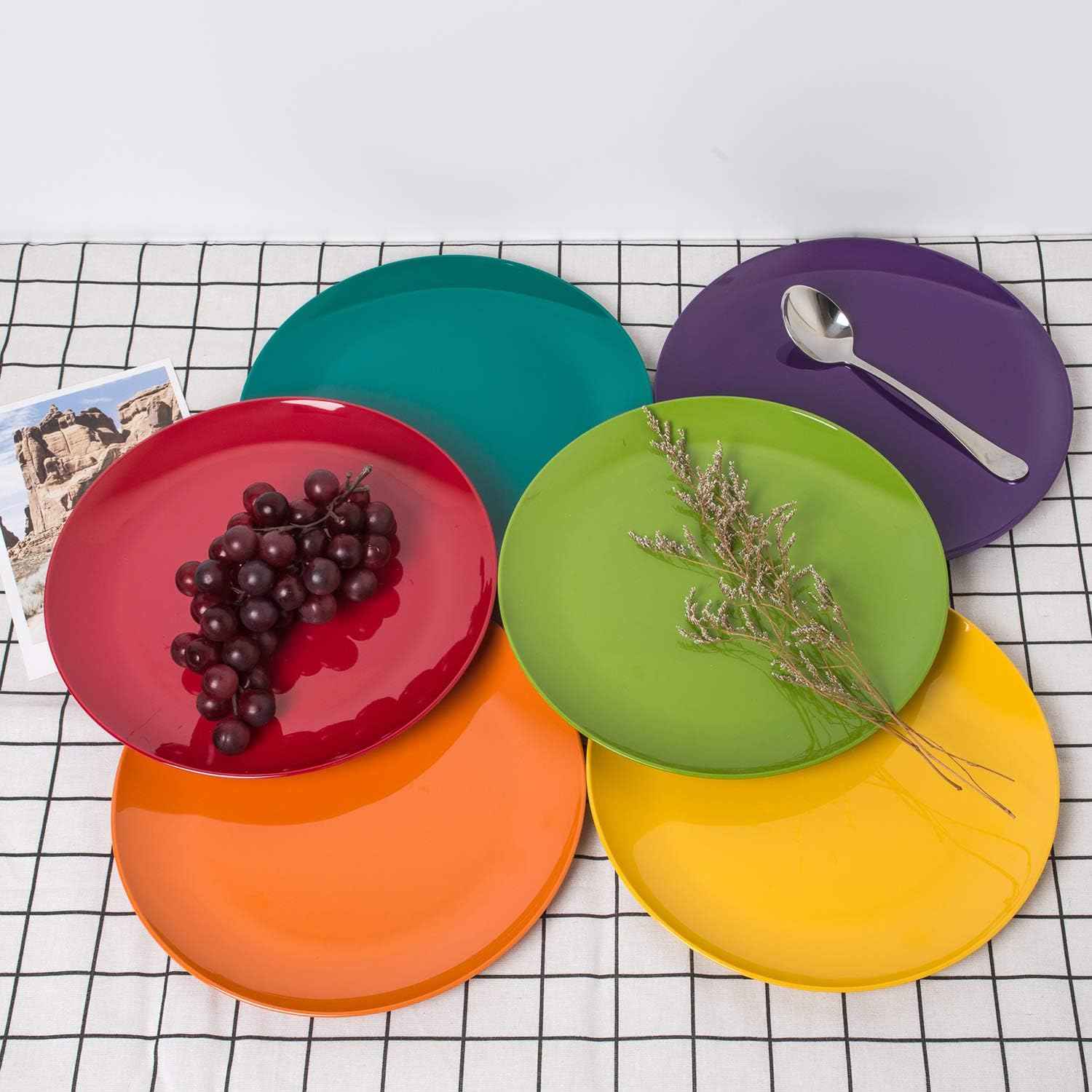 KX-WARE Melamine Plates, 10.5-inch Dinner Plates set of 6 Multicolor, 100% Melamine Dishwasher Safe BPA Free