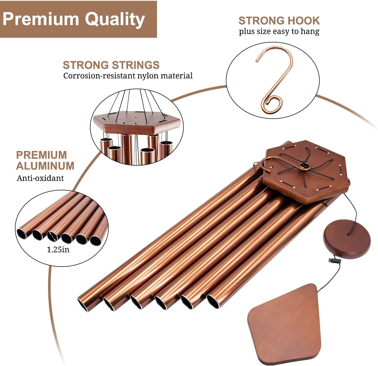 Wind Chimes Outdoor Large Deep Tone, 44 Inches Sympathy Wind Chimes Tuned Soothing Melody, Memorial Wind-Chime with 6 Heavy Tubes for Outside Decoration, Garden/Yard. Copper