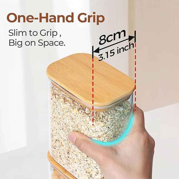 ComSaf 2.2 Qt Rectangle Glass Storage Containers with Lids, Glass Jars with Bamboo Lids, Clear Food Storage Jar, Tall Spaghetti Container, Pantry Storage Container for Pasta Flour Oats Nuts Rice