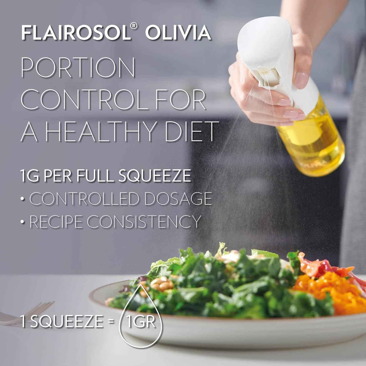 OLIVIA SIGNATURE Advanced Kitchen Oil Sprayer with Flairosol Technology, Fine Mist & Portion Control, Refillable Glass Olive Oil Cooking Spray Bottle for Air Fryer, Salad, BBQ, 130ml (Golden Leaves)