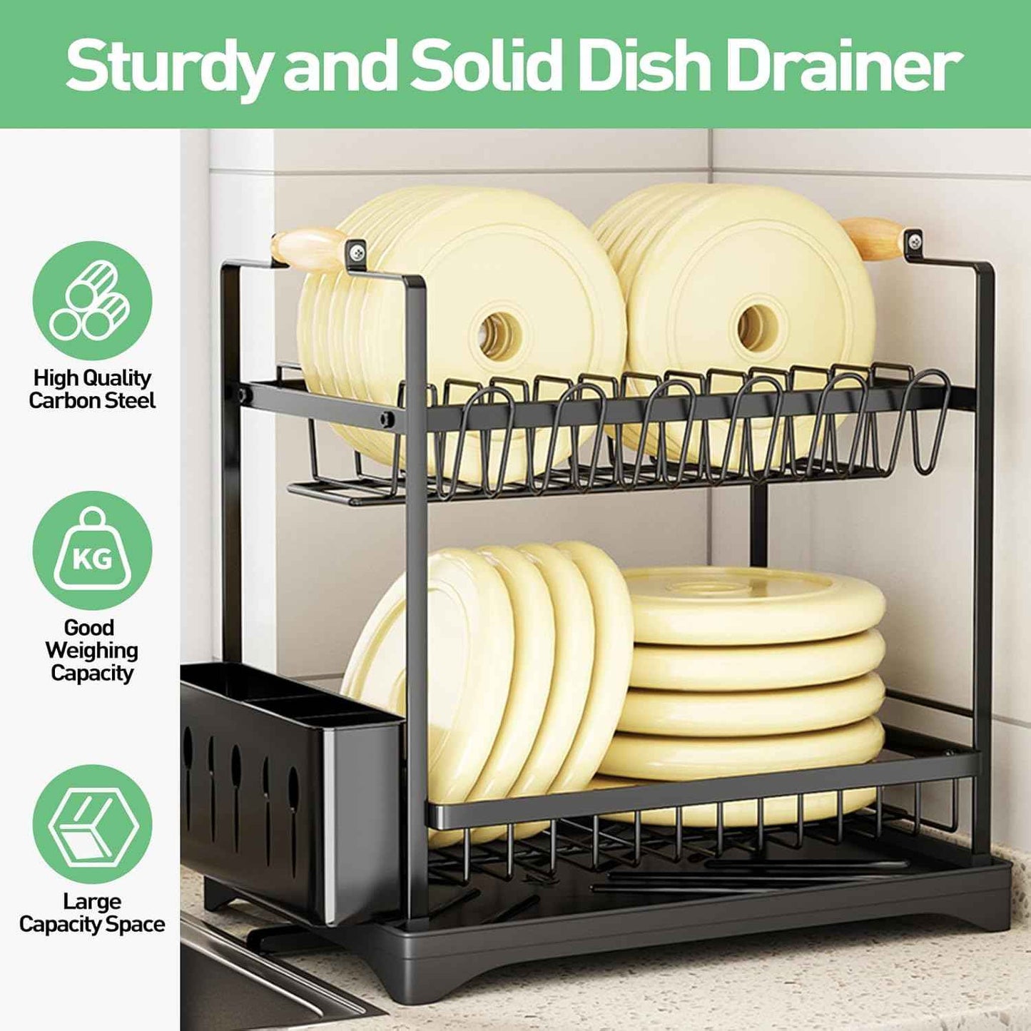 APSARAS USA 2-Tier Dish Drying Rack, Dish Rack with Wooden Holder Over The Sink Dish Drying Rack Kitchen, Rustproof Kitchen with Drainboard,16.5"x9.8" x19.7",Stainless Steel Drainers