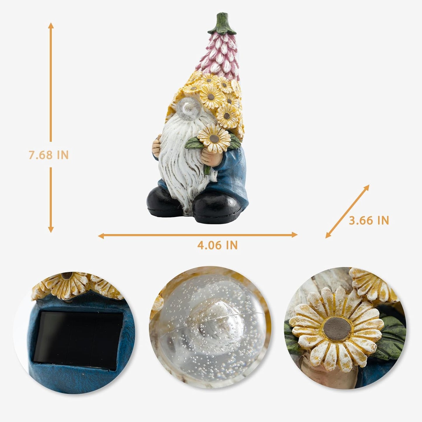 Garden Gnome Statue - Resin Gnome Figurine，with Solar LED Lights, Outdoor Decorations Art Sculpture for Patio Yard Lawn Garden Decor Lawn Ornaments Gnomes Gifts，7.68''