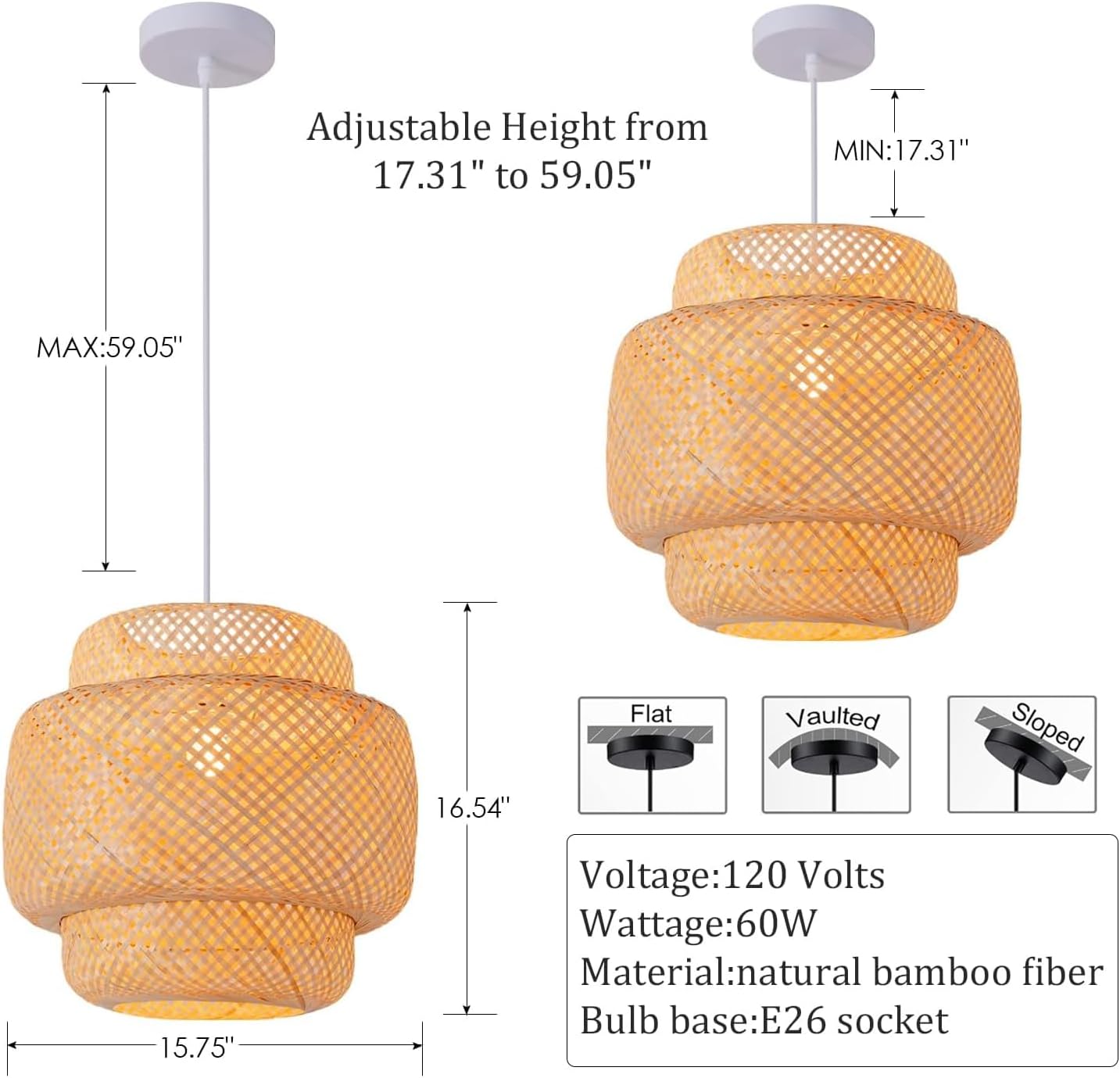 Bamboo Pendant Light,15.75" Hand-Woven Boho Rattan Hanging Lamp,1-Pack Farmhouse Wicker Chandelier for Dining Living Bedroom Kitchen